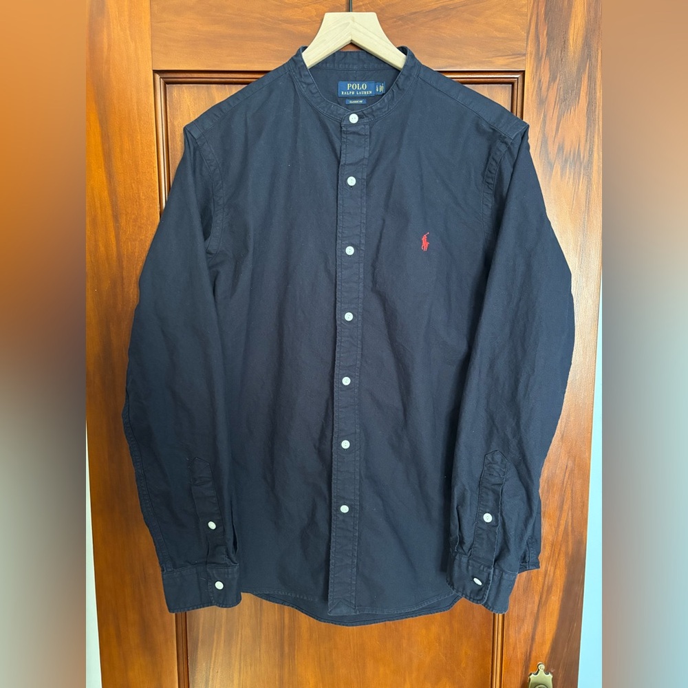 Ralph Lauren Men’s Navy Cotton Oxford Shirt with Razor Collar (Large)